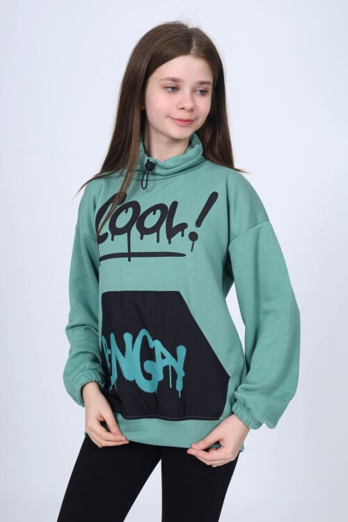 Yeşil Cool Yazı Baskılı Boğazlı Kız Çocuk Sweatshirt 16452