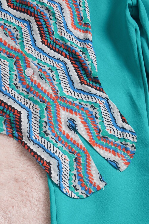 Yeşil Desenli Gömlekli İspanyol Paça Pantolon Kız Takım 15599