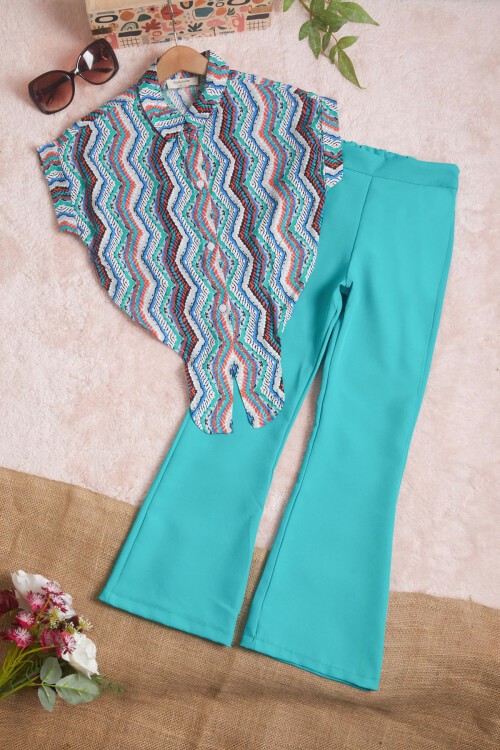 Yeşil Desenli Gömlekli İspanyol Paça Pantolon Kız Takım 15599