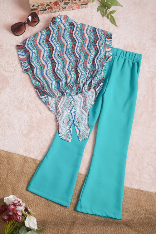 Yeşil Desenli Gömlekli İspanyol Paça Pantolon Kız Takım 15599