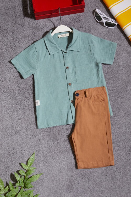 Yeşil Gömlekli Keten Şortlu Erkek Çocuk Takım 15431