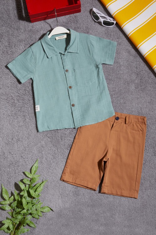 Yeşil Gömlekli Keten Şortlu Erkek Çocuk Takım 15431