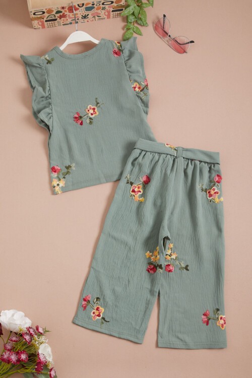 Yeşil Gül Nakışlı Volanlı Kız Çocuk Takım 16109