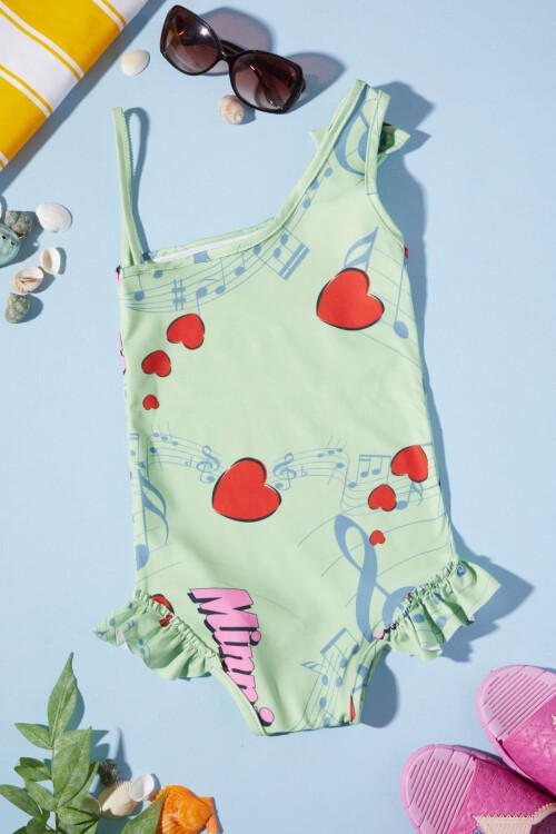 Yeşil Kalpli Karakter Baskı Kız Çocuk Mayo 15624