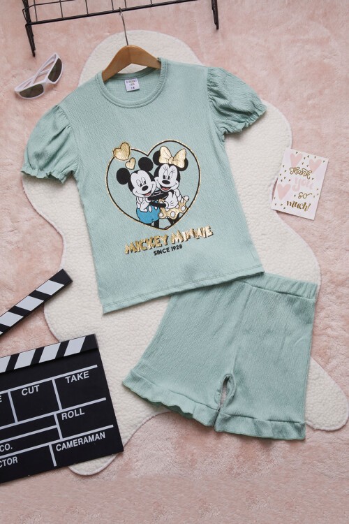 Yeşil Kalpli Karakter Baskılı Kız Çocuk Şortlu Takım 15450