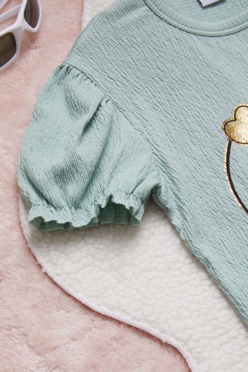 Yeşil Kalpli Karakter Baskılı Kız Çocuk Şortlu Takım 15450