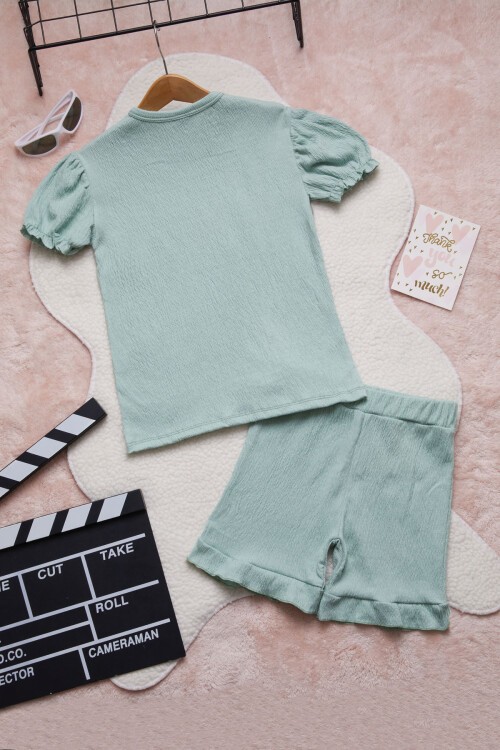 Yeşil Kalpli Karakter Baskılı Kız Çocuk Şortlu Takım 15450