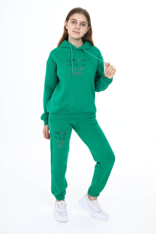 Yeşil Kalpli Yazı Baskılı Kız Çocuk Polarlı Eşofman Takımı 16460