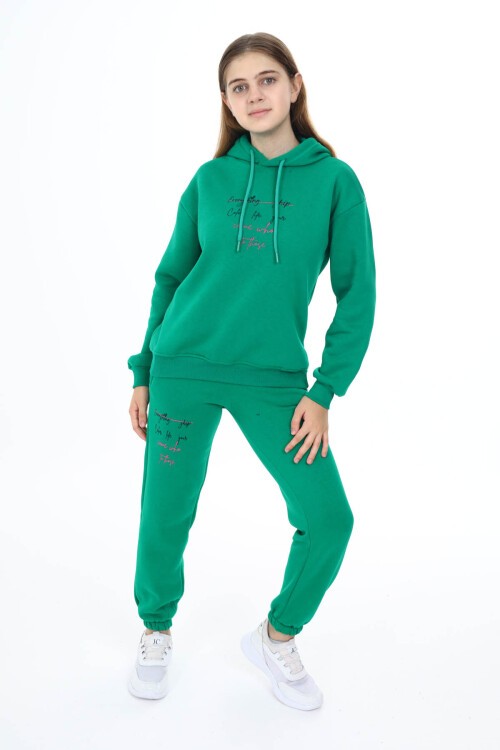 Yeşil Kalpli Yazı Baskılı Kız Çocuk Polarlı Eşofman Takımı 16460