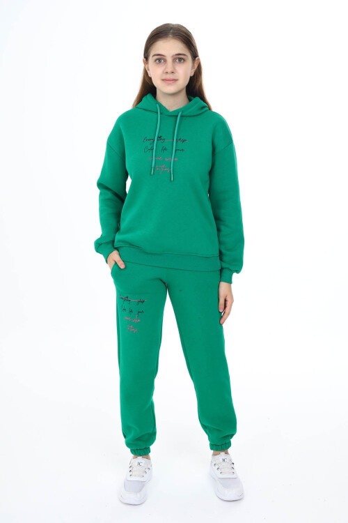 Yeşil Kalpli Yazı Baskılı Kız Çocuk Polarlı Eşofman Takımı 16460