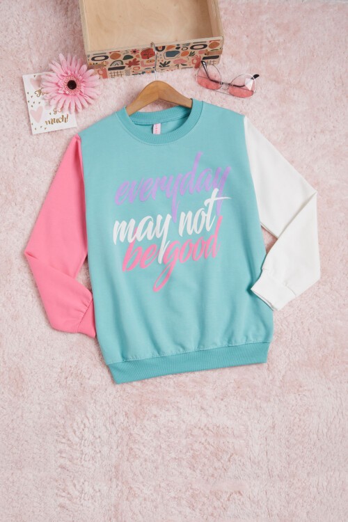 Yeşil Kolları Renkli Yazı Baskılı Kız Çocuk Sweatshirt 16286