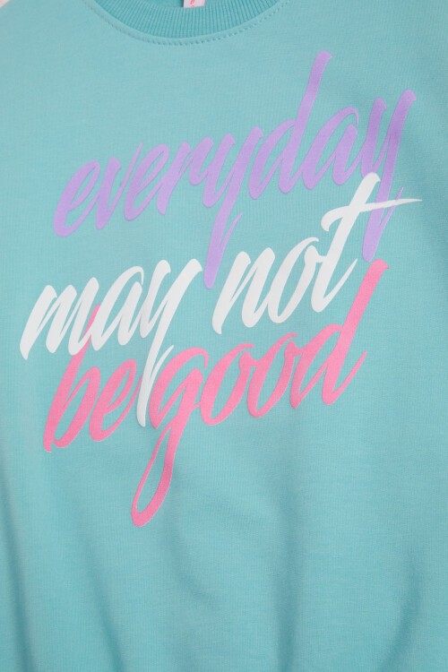 Yeşil Kolları Renkli Yazı Baskılı Kız Çocuk Sweatshirt 16286