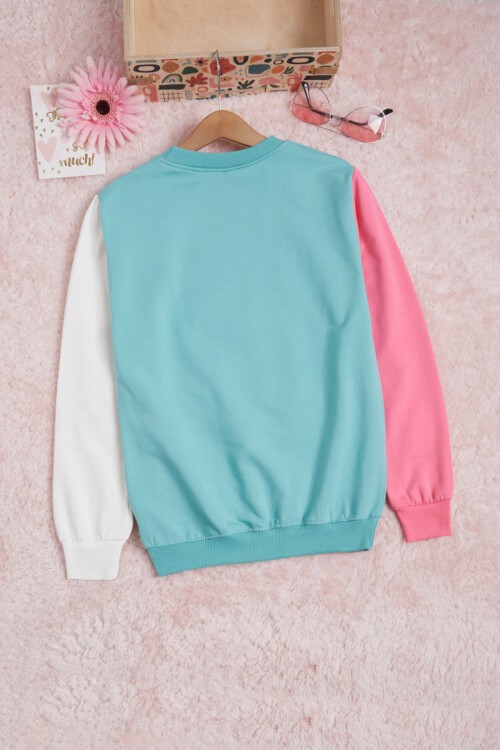 Yeşil Kolları Renkli Yazı Baskılı Kız Çocuk Sweatshirt 16286