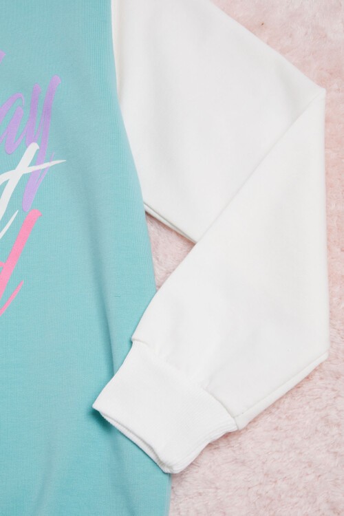 Yeşil Kolları Renkli Yazı Baskılı Kız Çocuk Sweatshirt 16286