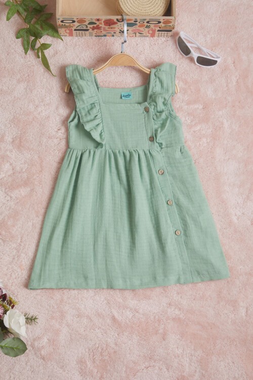 Yeşil Kolsuz Düğmeli Kız Çocuk Elbise 15594