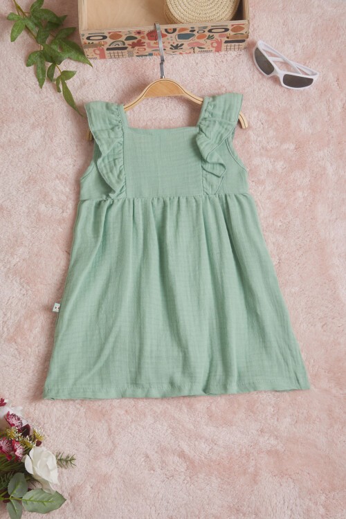 Yeşil Kolsuz Düğmeli Kız Çocuk Elbise 15594