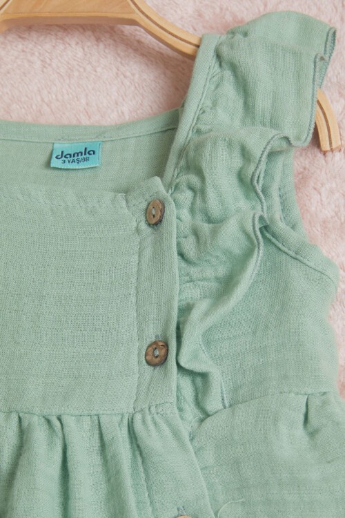 Yeşil Kolsuz Düğmeli Kız Çocuk Elbise 15594