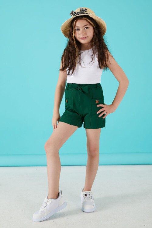 Yeşil Kuşaklı Düğmeli Kız Çocuk Şort 15652