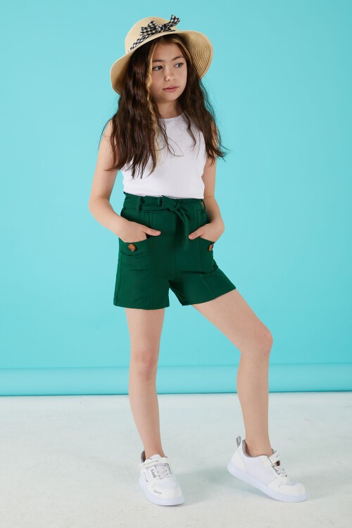 Yeşil Kuşaklı Düğmeli Kız Çocuk Şort 15652