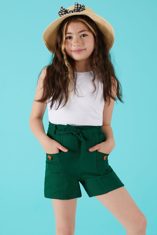 Yeşil Kuşaklı Düğmeli Kız Çocuk Şort 15652