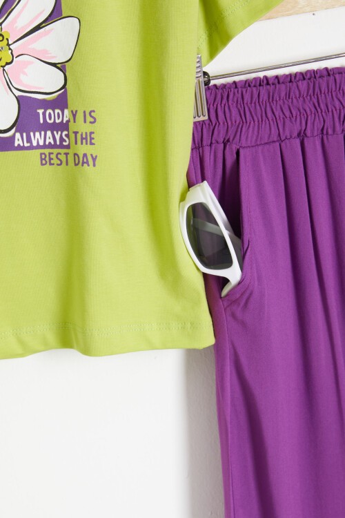 Yeşil Papatya Baskılı Kız Çocuk Alt Üst Yazlık Takım 15463