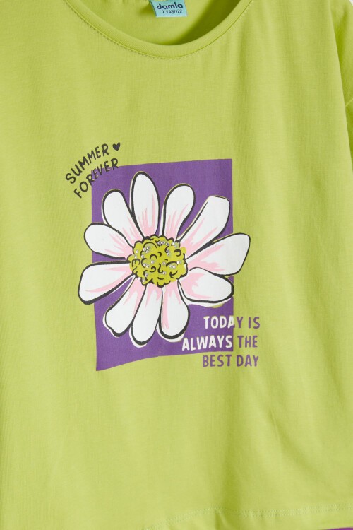 Yeşil Papatya Baskılı Kız Çocuk Alt Üst Yazlık Takım 15463