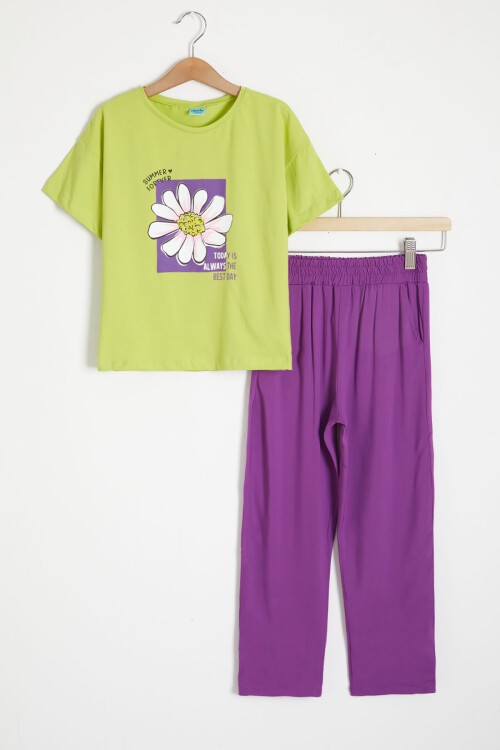 Yeşil Papatya Baskılı Kız Çocuk Alt Üst Yazlık Takım 15463