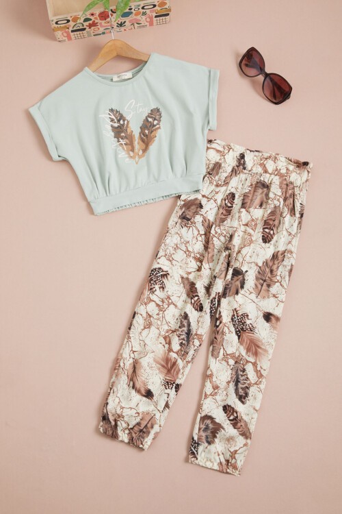 Yeşil Yaprak Baskılı Bluz Pantolon Kız Takım 15516