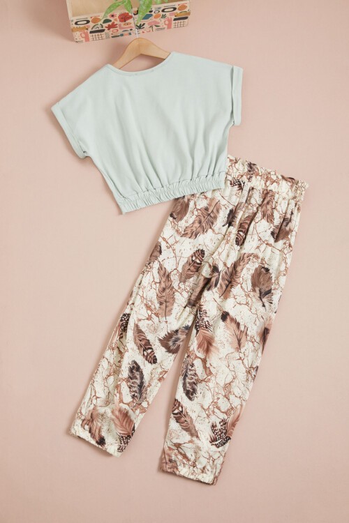 Yeşil Yaprak Baskılı Bluz Pantolon Kız Takım 15516