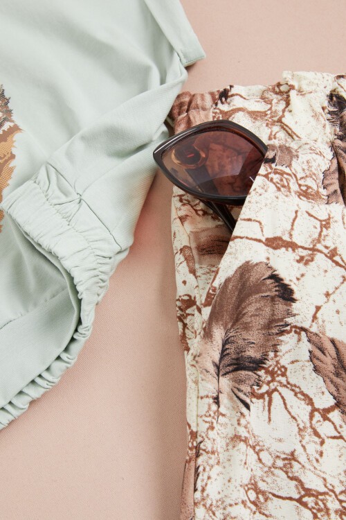 Yeşil Yaprak Baskılı Bluz Pantolon Kız Takım 15516