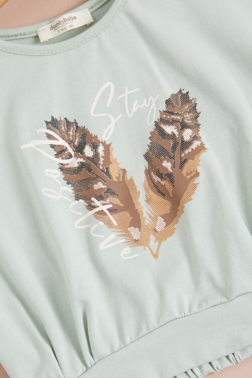 Yeşil Yaprak Baskılı Bluz Pantolon Kız Takım 15516