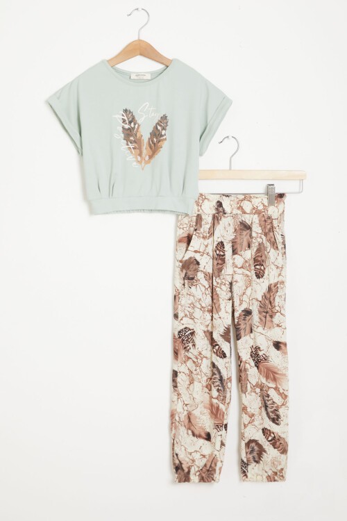 Yeşil Yaprak Baskılı Bluz Pantolon Kız Takım 15516