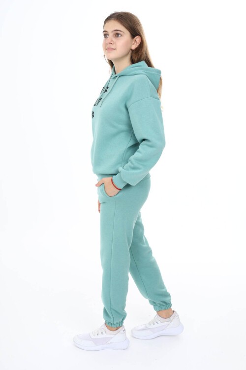 Yeşil Yazı Baskılı Polarlı Kız Çocuk Kapüşonlu Eşofman Takımı 16528