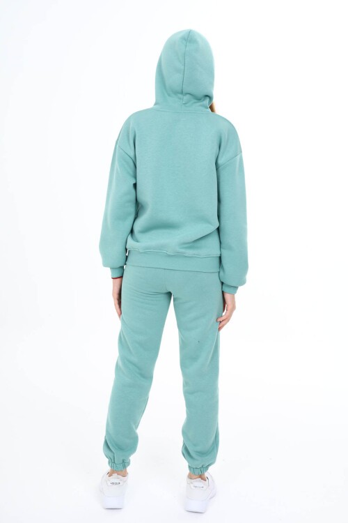 Yeşil Yazı Baskılı Polarlı Kız Çocuk Kapüşonlu Eşofman Takımı 16528