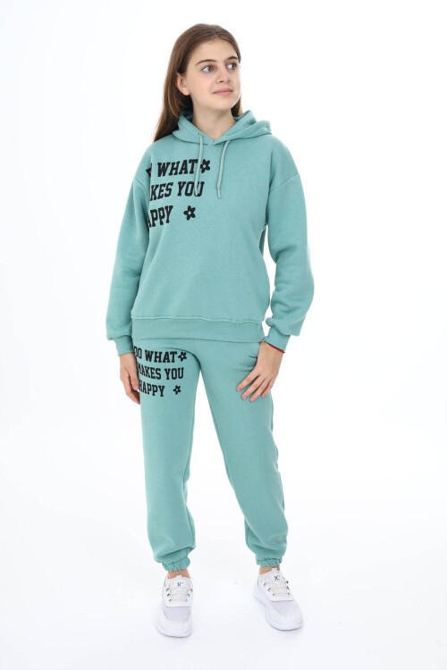 Yeşil Yazı Baskılı Polarlı Kız Çocuk Kapüşonlu Eşofman Takımı 16528