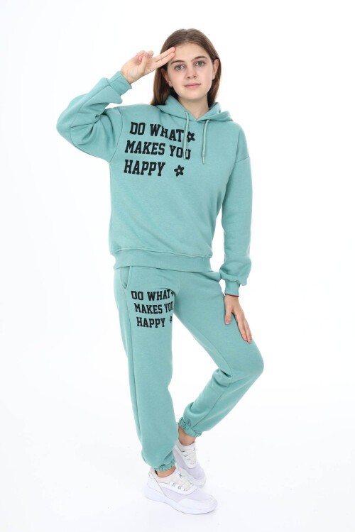 Yeşil Yazı Baskılı Polarlı Kız Çocuk Kapüşonlu Eşofman Takımı 16528
