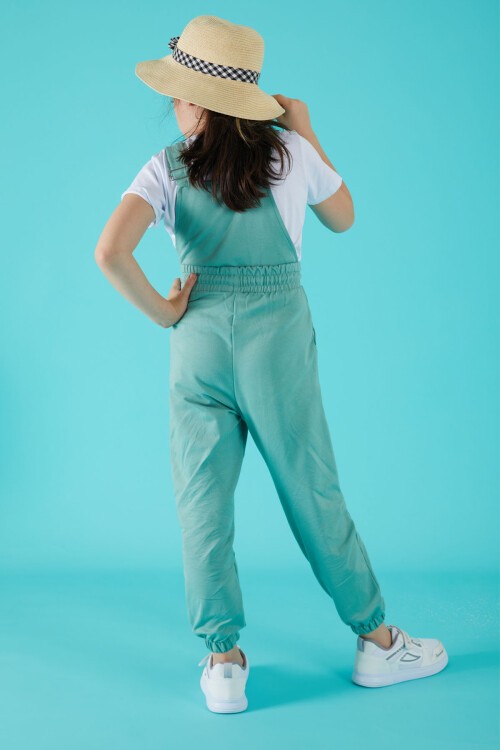 Yeşil Yazı Baskılı Tişörtlü Kız Salopet Tulum 15683