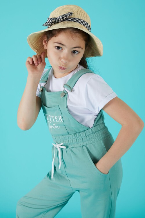 Yeşil Yazı Baskılı Tişörtlü Kız Salopet Tulum 15683