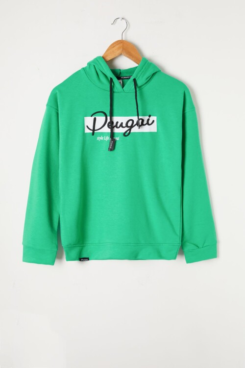 Yeşil Yazı Nakışlı Kapüşonlu Kız Çocuk Sweatshirt 16442