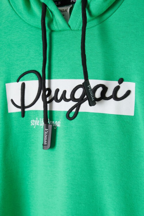 Yeşil Yazı Nakışlı Kapüşonlu Kız Çocuk Sweatshirt 16442