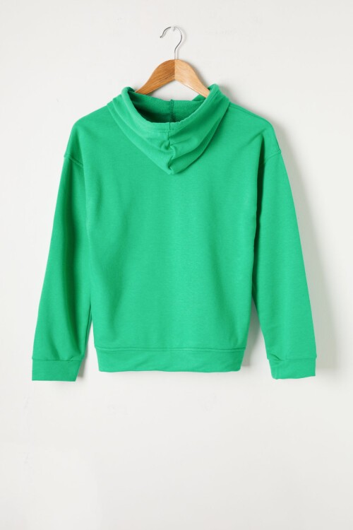 Yeşil Yazı Nakışlı Kapüşonlu Kız Çocuk Sweatshirt 16442