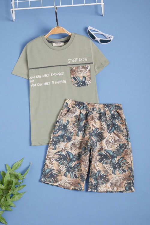 Yeşil Yazılı Erkek Çocuk Desenli Şortlu Takım 15557