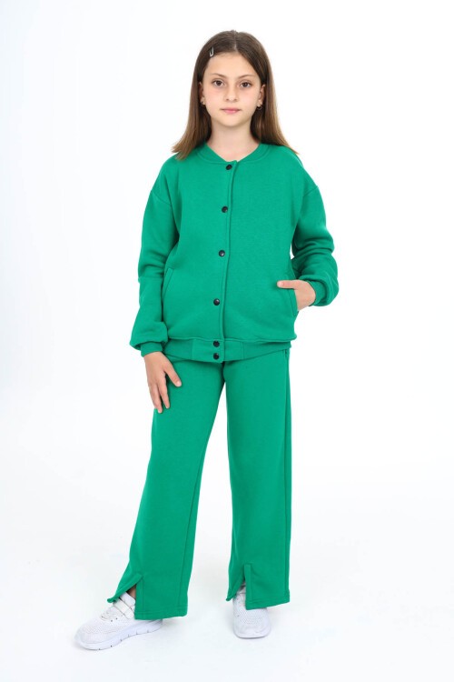 Yeşil Yırtmaçlı Hırkalı Kız Çocuk Polarlı Eşofman Takımı 16455