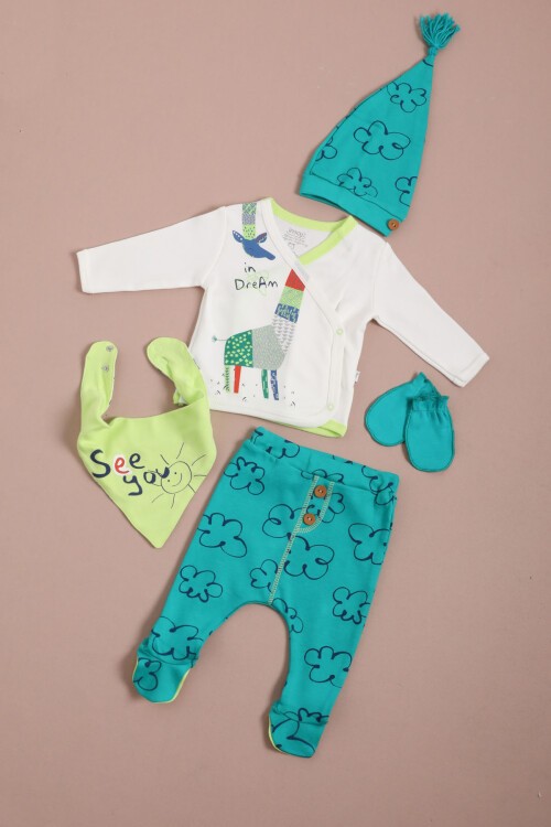 Zürafa Baskılı Patikli Erkek Bebek 5li Yenidoğan Zıbın Set 16126