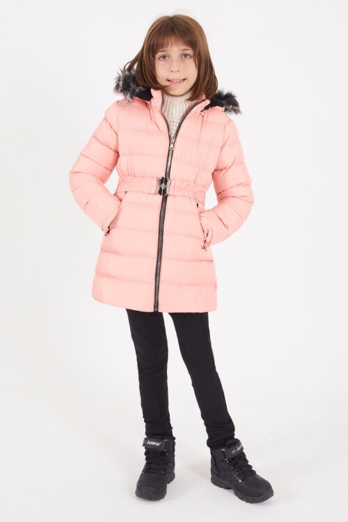Kız Çocuk Kemerli Şişme Mont Açık Pembe 16409