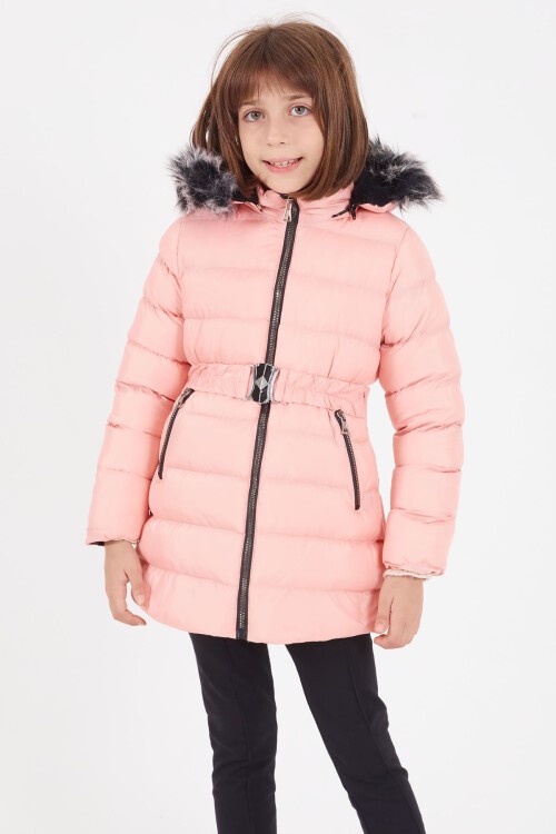 Kız Çocuk Kemerli Şişme Mont Açık Pembe 16409
