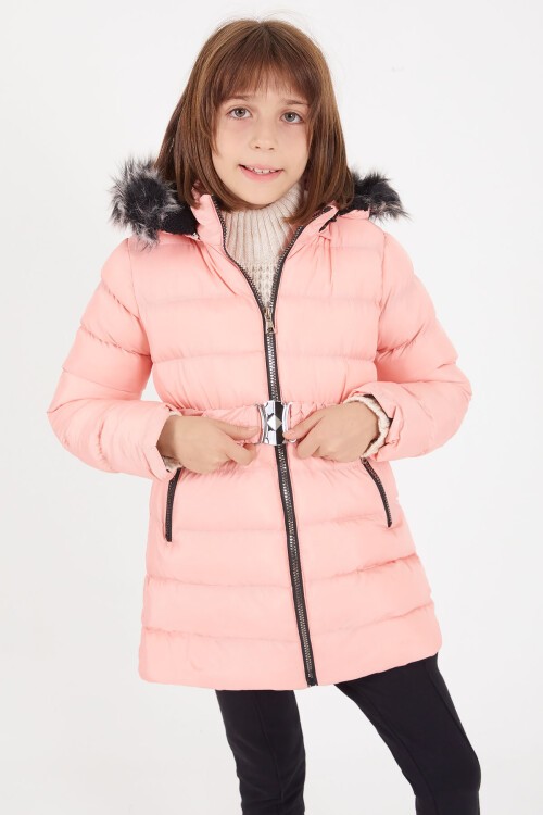 Kız Çocuk Kemerli Şişme Mont Açık Pembe 16409