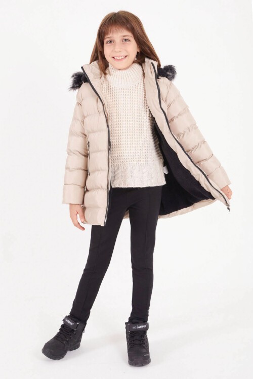 Kız Çocuk Kemerli Şişme Mont Bej 15501