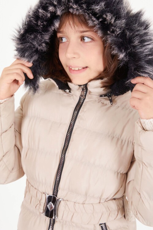 Kız Çocuk Kemerli Şişme Mont Bej 15501