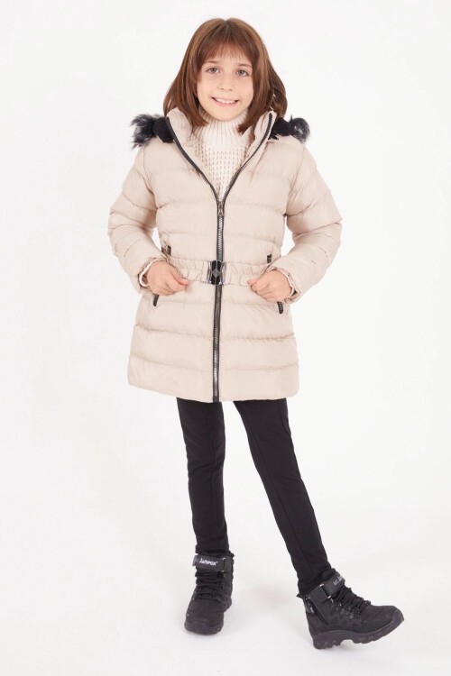 Kız Çocuk Kemerli Şişme Mont Bej 15501